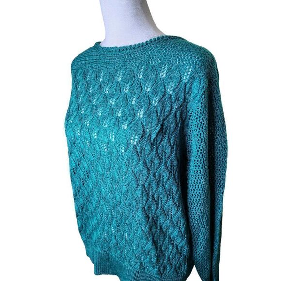 Vintage 1990s Open Weave Long Sleeve Sweater Womens Size L Teal Blue Green - Picture 2 of 6